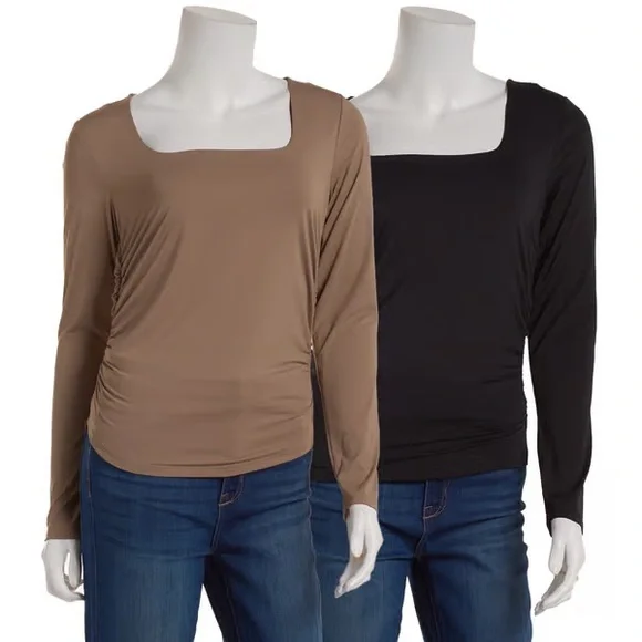 Pink Rose Long Sleeve Square Neck Tops - Black and Tan - Picture 1 of 4